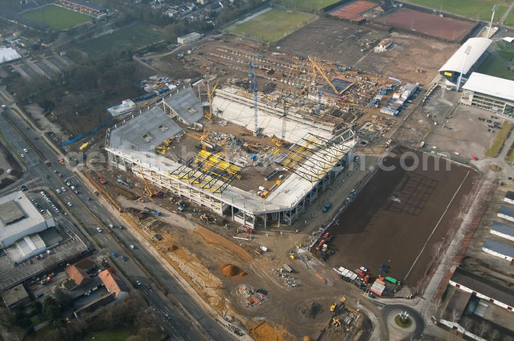 Aerial image Aachen - Baustelle des Stadion des Fußballklubs Alemannia Aachen, dem Neuen Tivoli. Die Baustelle der WALTER HELLMICH GmbH bietet Platz für bis zu 33.000 Zuschauern und liegt im Sportpark Soers. Construction site of the stadium of the football club Alemannia Aachen, the new Tivoli.