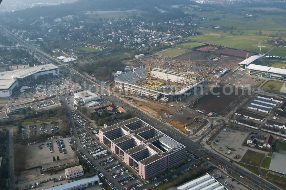 Aerial photograph Aachen - Baustelle des Stadion des Fußballklubs Alemannia Aachen, dem Neuen Tivoli. Die Baustelle der WALTER HELLMICH GmbH bietet Platz für bis zu 33.000 Zuschauern und liegt im Sportpark Soers. Construction site of the stadium of the football club Alemannia Aachen, the new Tivoli.