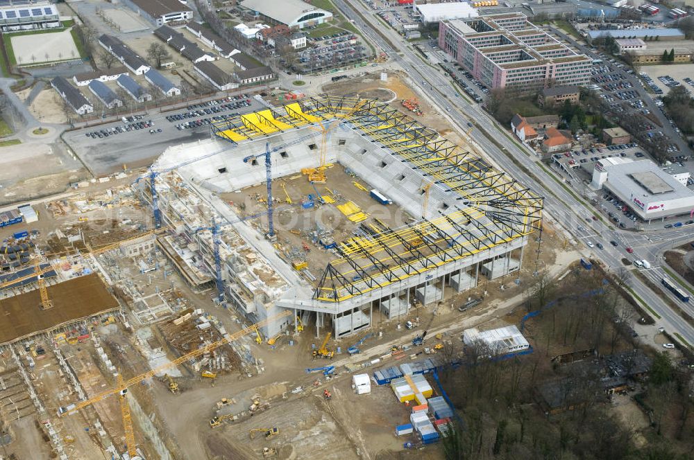 Aerial image Aachen - Baustelle des Stadion des Fußballklubs Alemannia Aachen, dem Neuen Tivoli. Die Baustelle der WALTER HELLMICH GmbH bietet Platz für bis zu 33.000 Zuschauern und liegt im Sportpark Soers. Construction site of the stadium of the football club Alemannia Aachen, the new Tivoli.