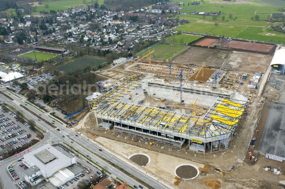 Aerial photograph Aachen - Baustelle des Stadion des Fußballklubs Alemannia Aachen, dem Neuen Tivoli. Die Baustelle der WALTER HELLMICH GmbH bietet Platz für bis zu 33.000 Zuschauern und liegt im Sportpark Soers. Construction site of the stadium of the football club Alemannia Aachen, the new Tivoli.