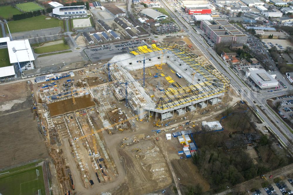 Aachen from above - Baustelle des Stadion des Fußballklubs Alemannia Aachen, dem Neuen Tivoli. Die Baustelle der WALTER HELLMICH GmbH bietet Platz für bis zu 33.000 Zuschauern und liegt im Sportpark Soers. Construction site of the stadium of the football club Alemannia Aachen, the new Tivoli.