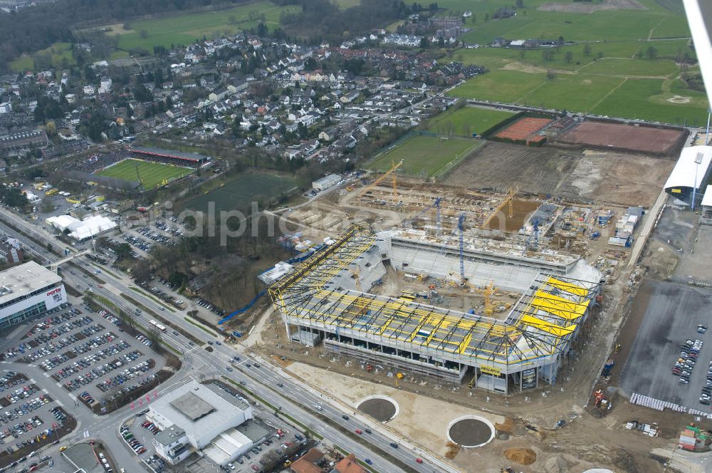 Aachen from the bird's eye view: Baustelle des Stadion des Fußballklubs Alemannia Aachen, dem Neuen Tivoli. Die Baustelle der WALTER HELLMICH GmbH bietet Platz für bis zu 33.000 Zuschauern und liegt im Sportpark Soers. Construction site of the stadium of the football club Alemannia Aachen, the new Tivoli.