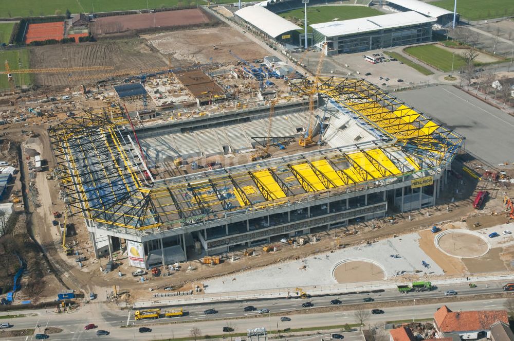 Aachen from the bird's eye view: Baustelle des Stadion des Fußballklubs Alemannia Aachen, dem Neuen Tivoli. Die Baustelle der WALTER HELLMICH GmbH bietet Platz für bis zu 33.000 Zuschauern und liegt im Sportpark Soers. Construction site of the stadium of the football club Alemannia Aachen, the new Tivoli.