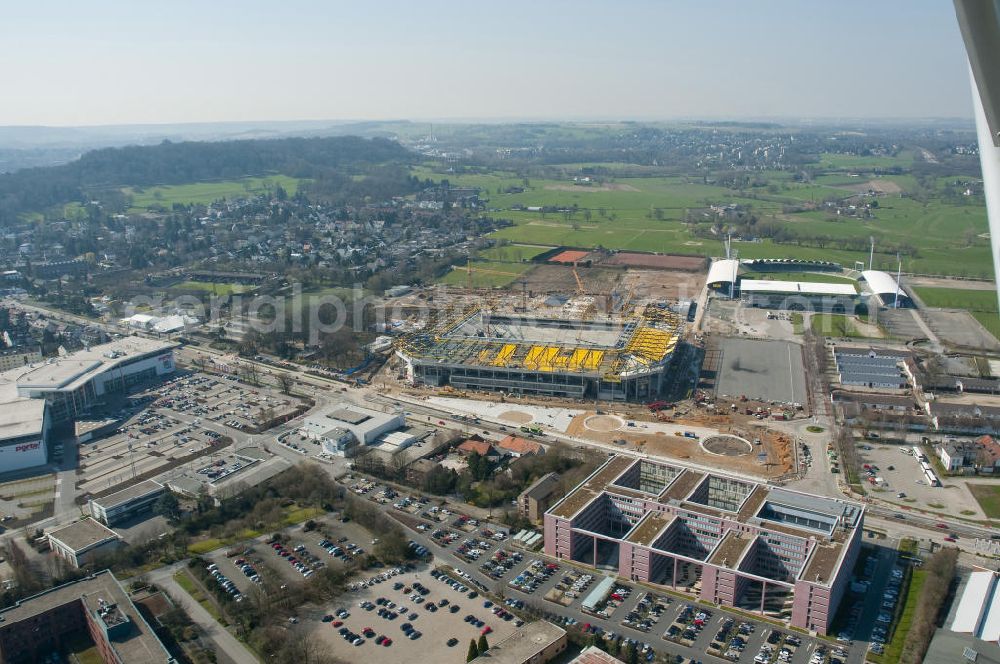 Aerial image Aachen - Baustelle des Stadion des Fußballklubs Alemannia Aachen, dem Neuen Tivoli. Die Baustelle der WALTER HELLMICH GmbH bietet Platz für bis zu 33.000 Zuschauern und liegt im Sportpark Soers. Construction site of the stadium of the football club Alemannia Aachen, the new Tivoli.