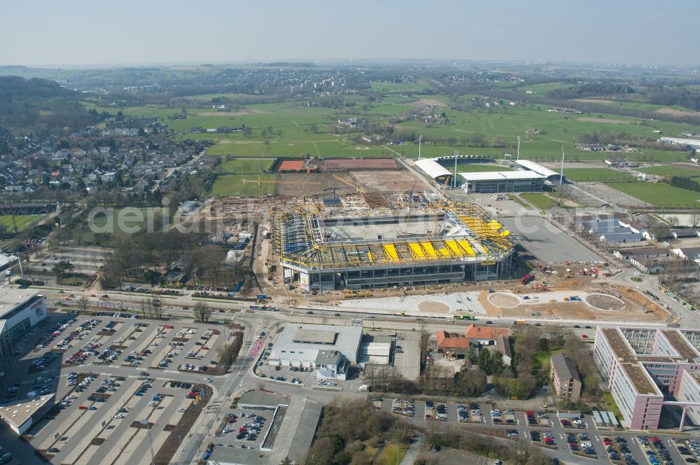 Aerial photograph Aachen - Baustelle des Stadion des Fußballklubs Alemannia Aachen, dem Neuen Tivoli. Die Baustelle der WALTER HELLMICH GmbH bietet Platz für bis zu 33.000 Zuschauern und liegt im Sportpark Soers. Construction site of the stadium of the football club Alemannia Aachen, the new Tivoli.