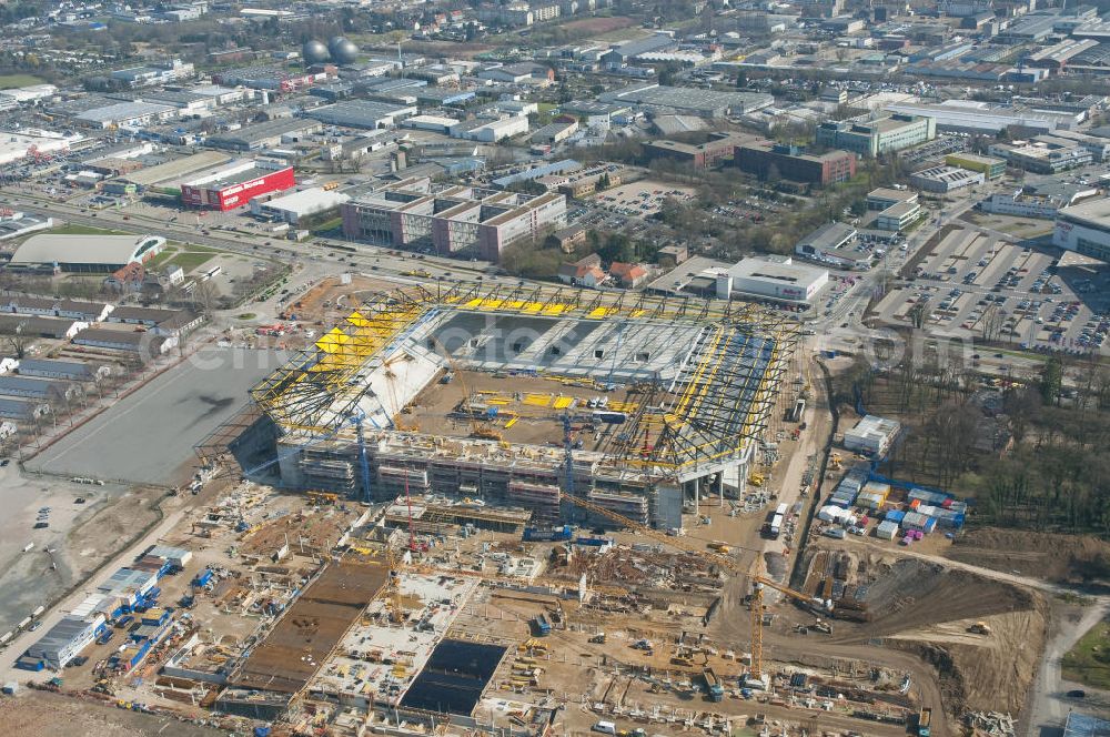 Aachen from the bird's eye view: Baustelle des Stadion des Fußballklubs Alemannia Aachen, dem Neuen Tivoli. Die Baustelle der WALTER HELLMICH GmbH bietet Platz für bis zu 33.000 Zuschauern und liegt im Sportpark Soers. Construction site of the stadium of the football club Alemannia Aachen, the new Tivoli.