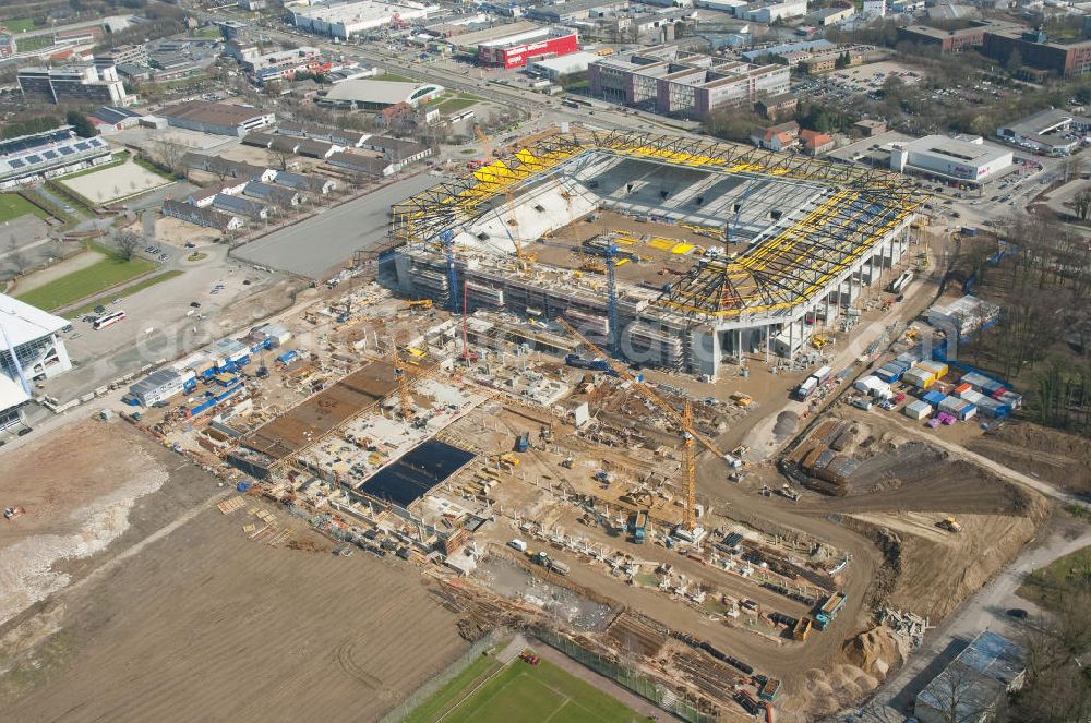 Aerial image Aachen - Baustelle des Stadion des Fußballklubs Alemannia Aachen, dem Neuen Tivoli. Die Baustelle der WALTER HELLMICH GmbH bietet Platz für bis zu 33.000 Zuschauern und liegt im Sportpark Soers. Construction site of the stadium of the football club Alemannia Aachen, the new Tivoli.