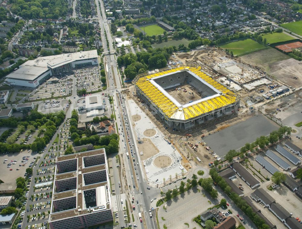 Aachen from the bird's eye view: Baustelle des Stadion des Fußballklubs Alemannia Aachen, dem Neuen Tivoli. Die Baustelle der WALTER HELLMICH GmbH bietet Platz für bis zu 33.000 Zuschauern und liegt im Sportpark Soers. Construction site of the stadium of the football club Alemannia Aachen, the new Tivoli.