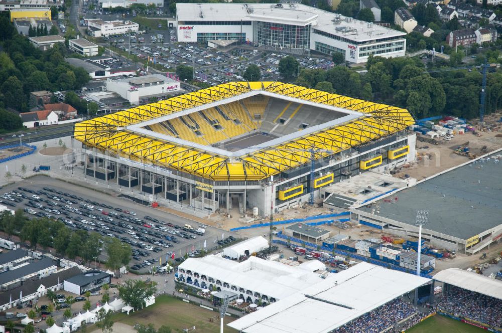 Aachen from the bird's eye view: Baustelle des Stadion des Fußballklubs Alemannia Aachen, dem Neuen Tivoli. Die Baustelle der WALTER HELLMICH GmbH bietet Platz für bis zu 33.000 Zuschauern und liegt im Sportpark Soers. Construction site of the stadium of the football club Alemannia Aachen, the new Tivoli.