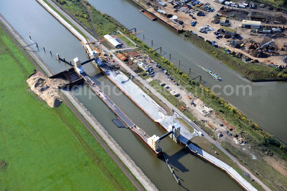 Magdeburg from above - Baustelle an der Niedrigwasserschleuse Magdeburg im Rothenseer Verbindungskanal in Sachsen-Anhalt. Ein Projekt des WSV, Wasser- und Schifffahrtsverwaltung des Bundes. Construction site at the low water lock in the Drop-Canal Rothensee in Magdeburg, Saxony-Anhalt.