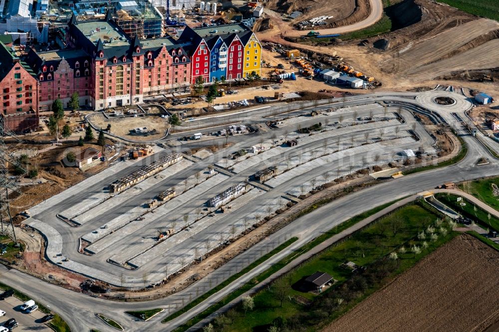 Rust from the bird's eye view: Extension construction site at the factory premises on the grounds of the amusement park Europapark in Rust in the state of Baden-Wuerttemberg, Germany