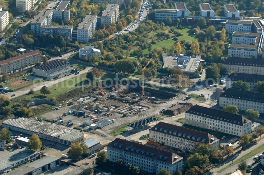 Erfurt from above - Blick auf die Baustelle für den Polizei-Neubau im Stadtteil Daberstedt an der Kranichfelder Straße. Das Finanzvolumen für dieses Projekt beträgt 85 Mio Euro bei einer Nutzfläche um die 20.000 qm. Beherbergen wirde der Neubau die Bereitschaftspolizei und das Landeskriminalamt LKA.