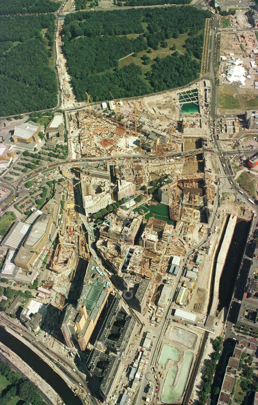 Berlin - Tiergarten from the bird's eye view: Baustelle Potsdamer Platz am Berliner Tiergarten.