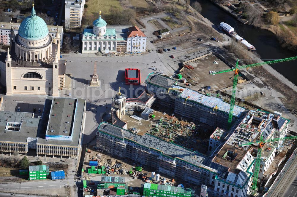 Potsdam from above - Construction site of the Potsdam Stadtschloss at the Old Market. In the background is the University of Applied Sciences Potsdam and St. Nikolai Church. Building contractors company: BAM Deutschland AG