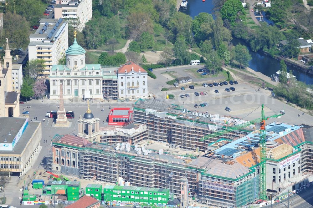 Potsdam from above - Construction site of the Potsdam Stadtschloss at the Old Market. In the background is the University of Applied Sciences Potsdam and St. Nikolai Church. Building contractors company: BAM Deutschland AG