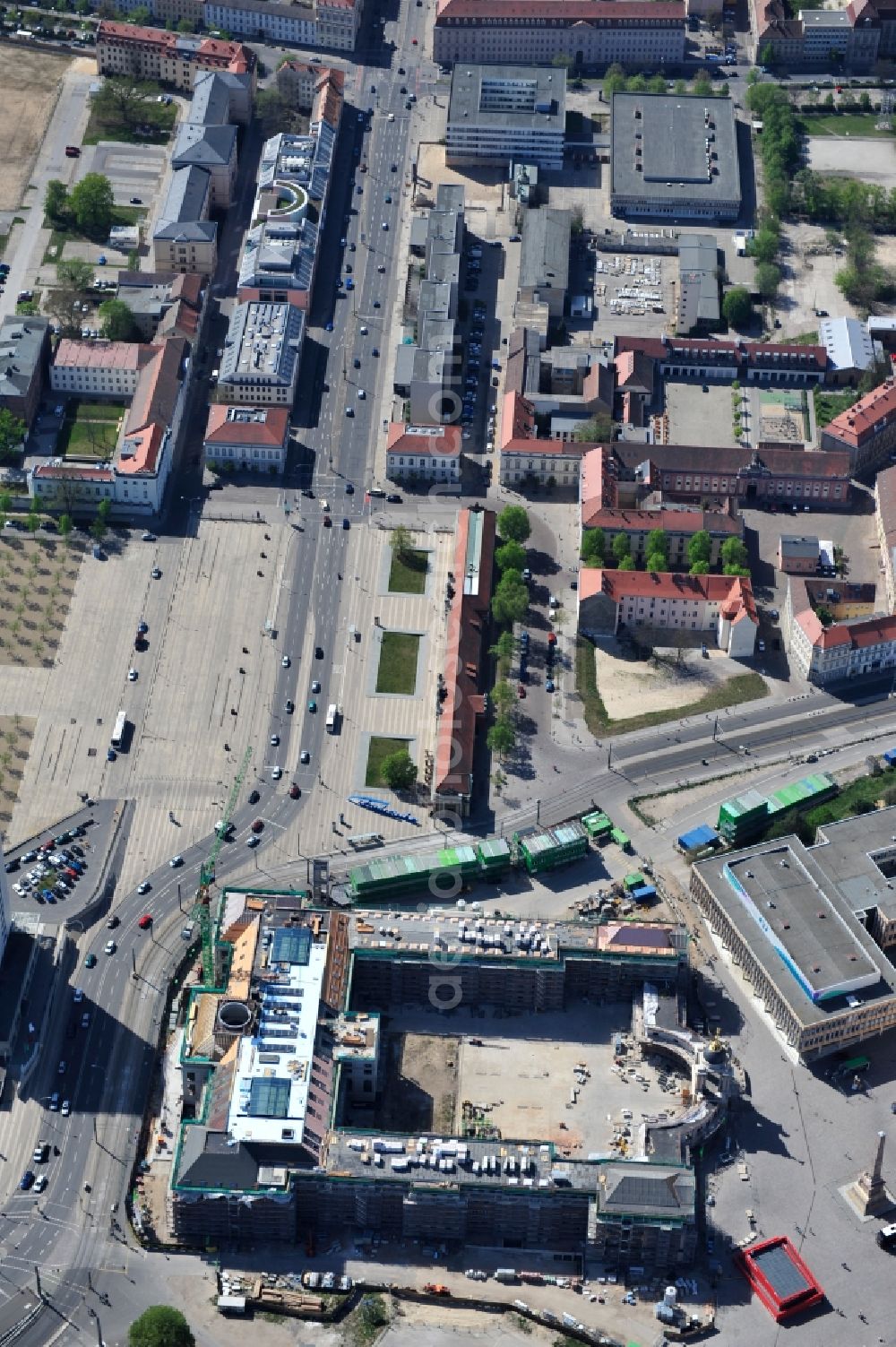 Potsdam from above - Construction site of the Potsdam Stadtschloss at the Old Market. In the background is the University of Applied Sciences Potsdam and St. Nikolai Church. Building contractors company: BAM Deutschland AG