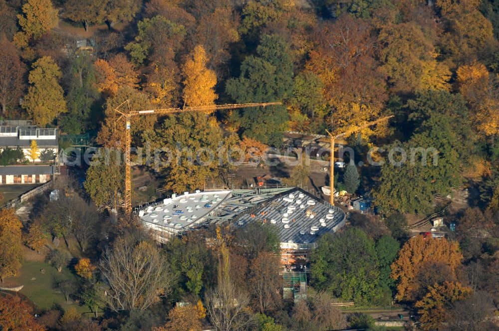 Aerial image Dresden - Blick auf die Baustelle des Prof. Brandes Haus im Dresdner Zoo. U. a. sollen in dem neuen Reganwaldhaus auch Koalabären gezüchtet werden, des weiteren finden hier Affen und das Krokodil Max ein neues zu Hause. Kontakt: Zoo Dresden GmbH