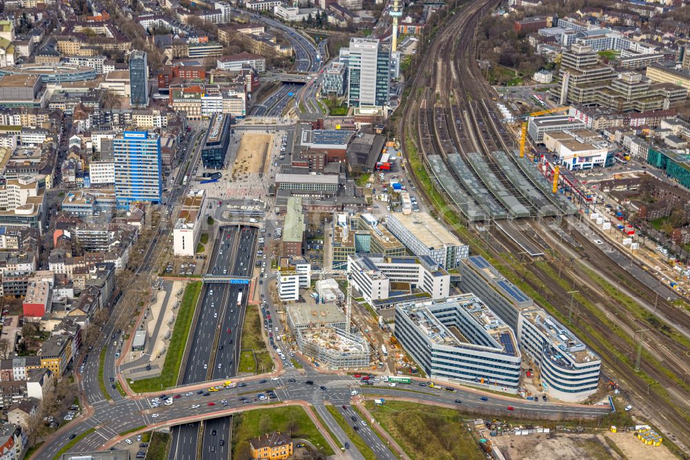 Aerial image Duisburg - Construction site to build a new office and commercial building on Koloniestrasse - Mercatorstrasse - Wuhanstrasse in Duisburg at Ruhrgebiet in the state North Rhine-Westphalia, Germany