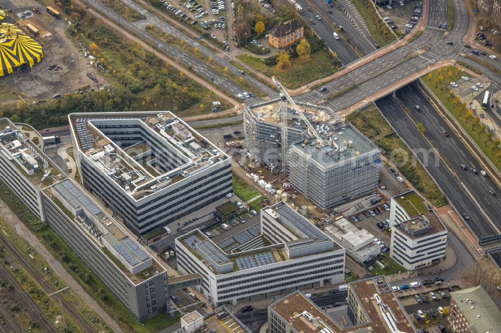 Aerial image Duisburg - Construction site to build a new office and commercial building on Koloniestrasse - Mercatorstrasse - Wuhanstrasse in Duisburg at Ruhrgebiet in the state North Rhine-Westphalia, Germany