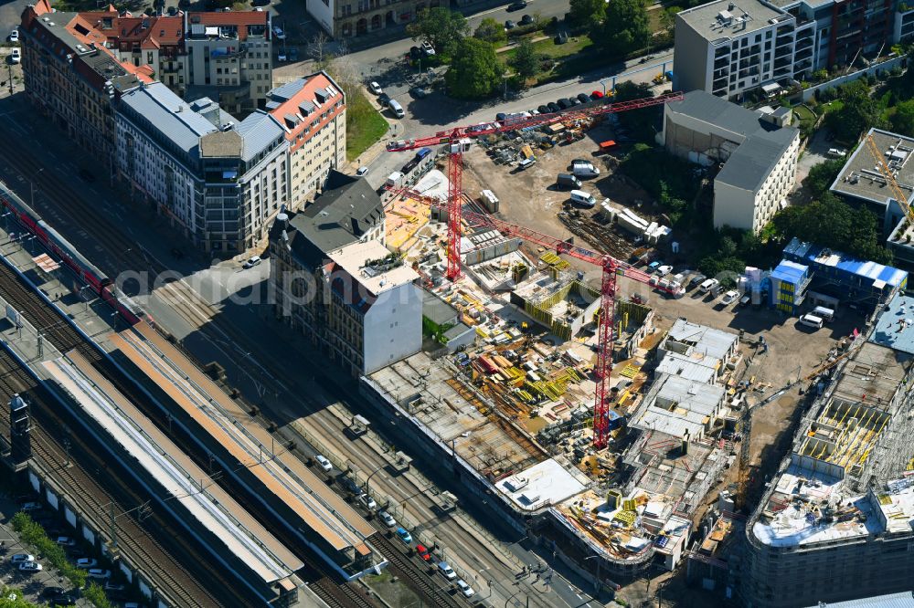 Dresden from above - Construction site with development and earthfill work for the new construction of a residential and business district between Koenneritzstrasse, Jahnstrasse, Schuetzengasse and Laurinstrasse in Dresden in the state Saxony, Germany