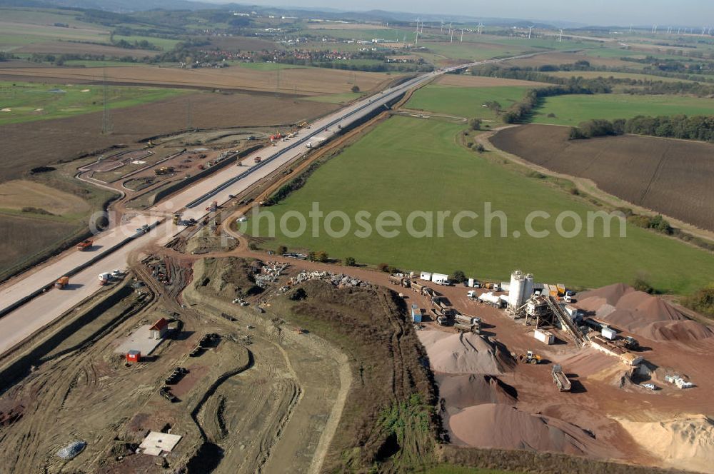 Aerial photograph Wenigenlupnitz - Blick auf die Baustelle der südlichen (h) und nördlichen (v) PWC-Anlage / Parkplatz mit WC / Rastplatz der A4 bei Wenigenlupnitz. Der Neubau ist Teil des Projekt Nordverlegung / Umfahrung Hörselberge der Autobahn E40 / A4 in Thüringen bei Eisenach. Durchgeführt werden die im Zuge dieses Projektes notwendigen Arbeiten unter an derem von den Mitarbeitern der Niederlassung Weimar der EUROVIA Verkehrsbau Union sowie der Niederlassungen Abbruch und Erdbau, Betonstraßenbau, Ingenieurbau und TECO Schallschutz der EUROVIA Beton sowie der DEGES.