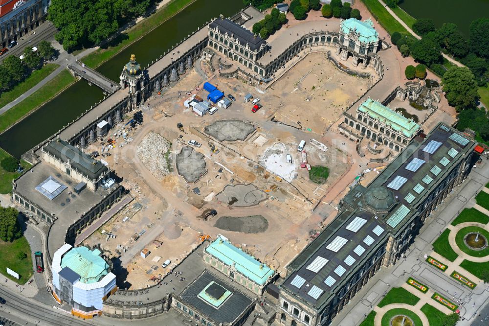 Dresden from above - Construction site with reconstruction and renovation work at the palace of the castle Dresdner Zwinger at Theaterplatz - Sophienstrasse in the district Altstadt in Dresden in the state of Saxony, Germany