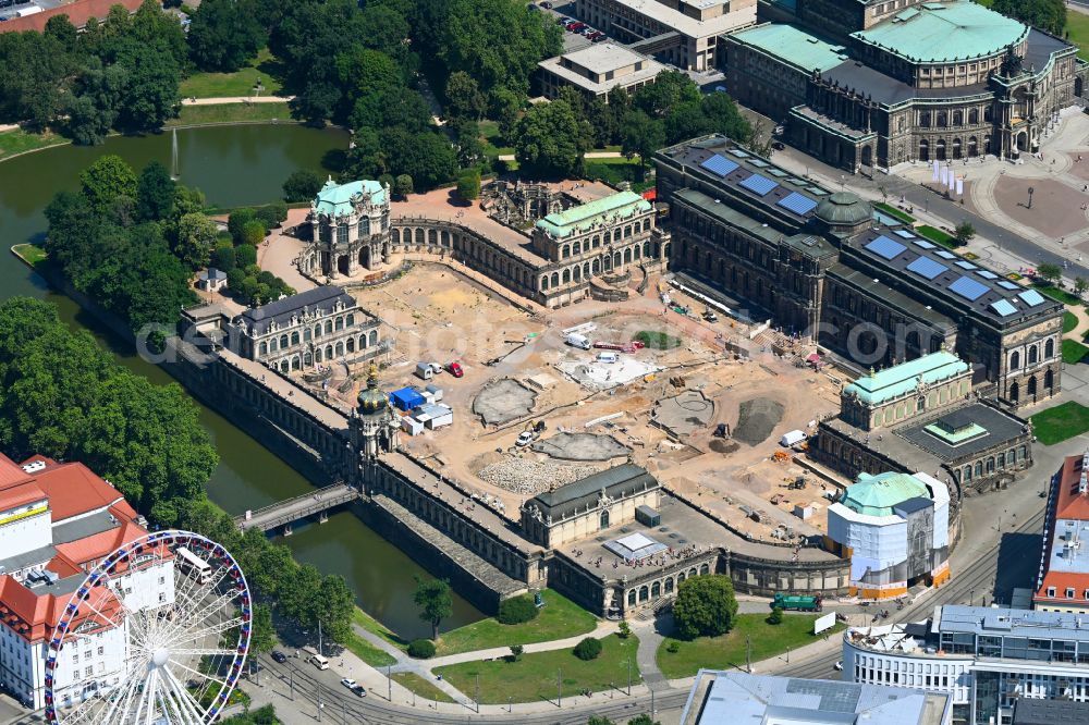 Aerial image Dresden - Construction site with reconstruction and renovation work at the palace of the castle Dresdner Zwinger at Theaterplatz - Sophienstrasse in the district Altstadt in Dresden in the state of Saxony, Germany