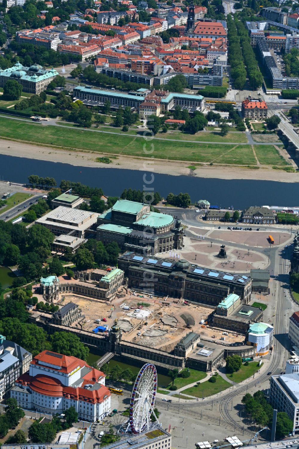 Aerial image Dresden - Construction site with reconstruction and renovation work at the palace of the castle Dresdner Zwinger at Theaterplatz - Sophienstrasse in the district Altstadt in Dresden in the state of Saxony, Germany