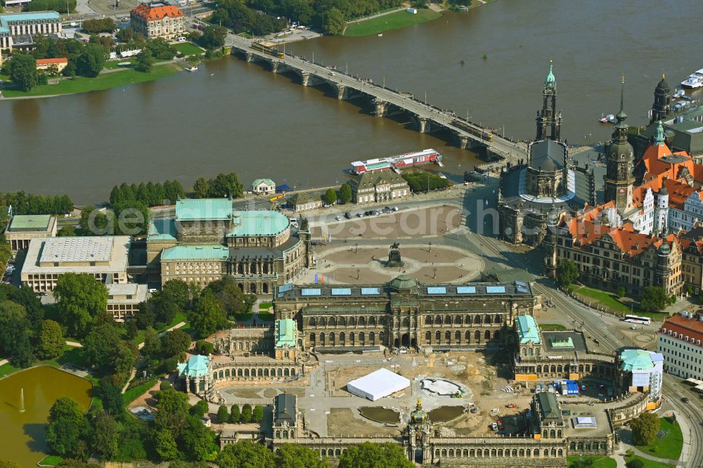 Dresden from above - Construction site with reconstruction and renovation work at the palace of the castle Dresdner Zwinger at Theaterplatz - Sophienstrasse in the district Altstadt in Dresden in the state of Saxony, Germany