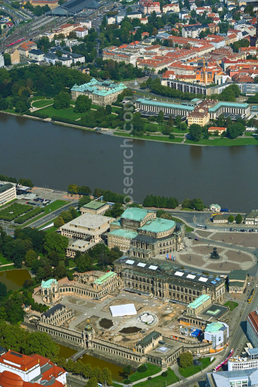 Dresden from above - Construction site with reconstruction and renovation work at the palace of the castle Dresdner Zwinger at Theaterplatz - Sophienstrasse in the district Altstadt in Dresden in the state of Saxony, Germany