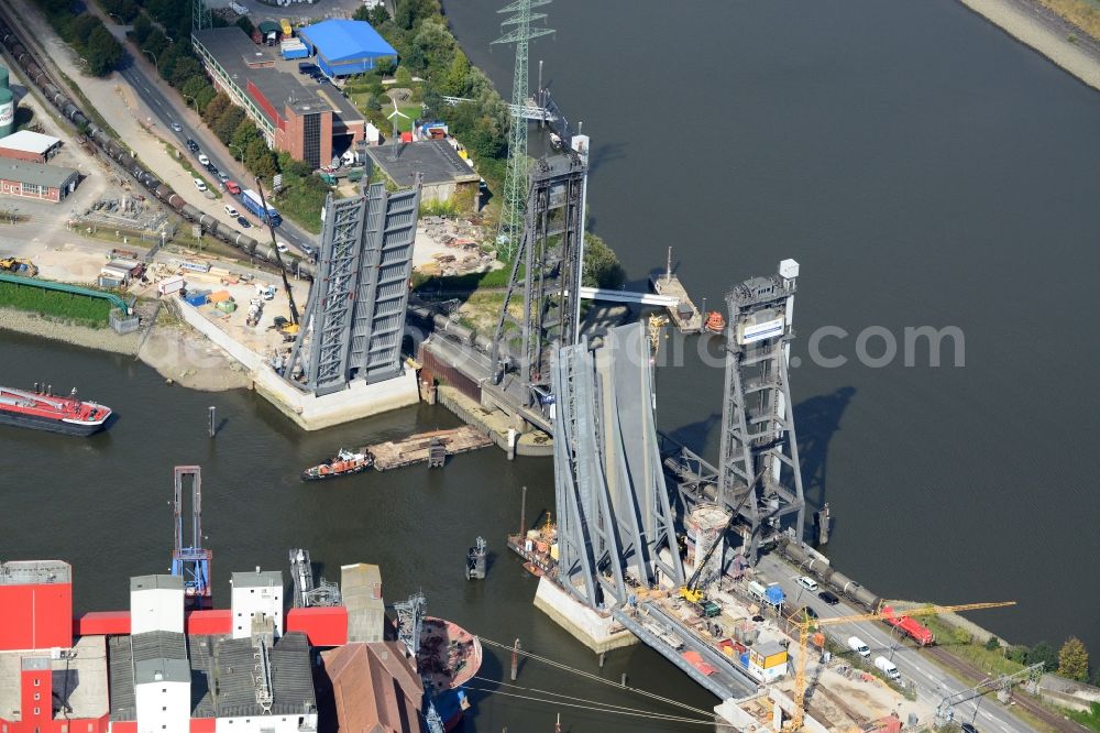 Hamburg from the bird's eye view: Construction site at Rethe lift bridge Rethebruecke in Hamburg-Mitte / Wilhelmsburg. A project of the Hamburg Port Authority HPA and Ingenieurbuero GRASSL GmbH