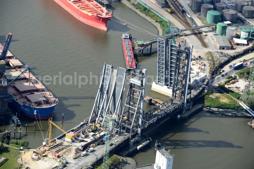 Aerial image Hamburg - Construction site at Rethe lift bridge Rethebruecke in Hamburg-Mitte / Wilhelmsburg. A project of the Hamburg Port Authority HPA and Ingenieurbuero GRASSL GmbH