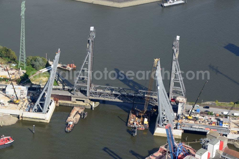 Aerial photograph Hamburg - Construction site at Rethe lift bridge Rethebruecke in Hamburg-Mitte / Wilhelmsburg. A project of the Hamburg Port Authority HPA and Ingenieurbuero GRASSL GmbH