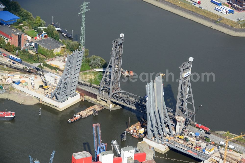 Hamburg from the bird's eye view: Construction site at Rethe lift bridge Rethebruecke in Hamburg-Mitte / Wilhelmsburg. A project of the Hamburg Port Authority HPA and Ingenieurbuero GRASSL GmbH