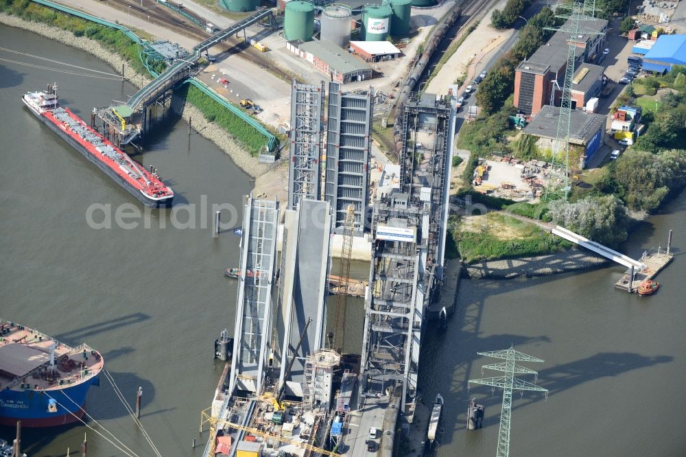 Aerial photograph Hamburg - Construction site at Rethe lift bridge Rethebruecke in Hamburg-Mitte / Wilhelmsburg. A project of the Hamburg Port Authority HPA and Ingenieurbuero GRASSL GmbH