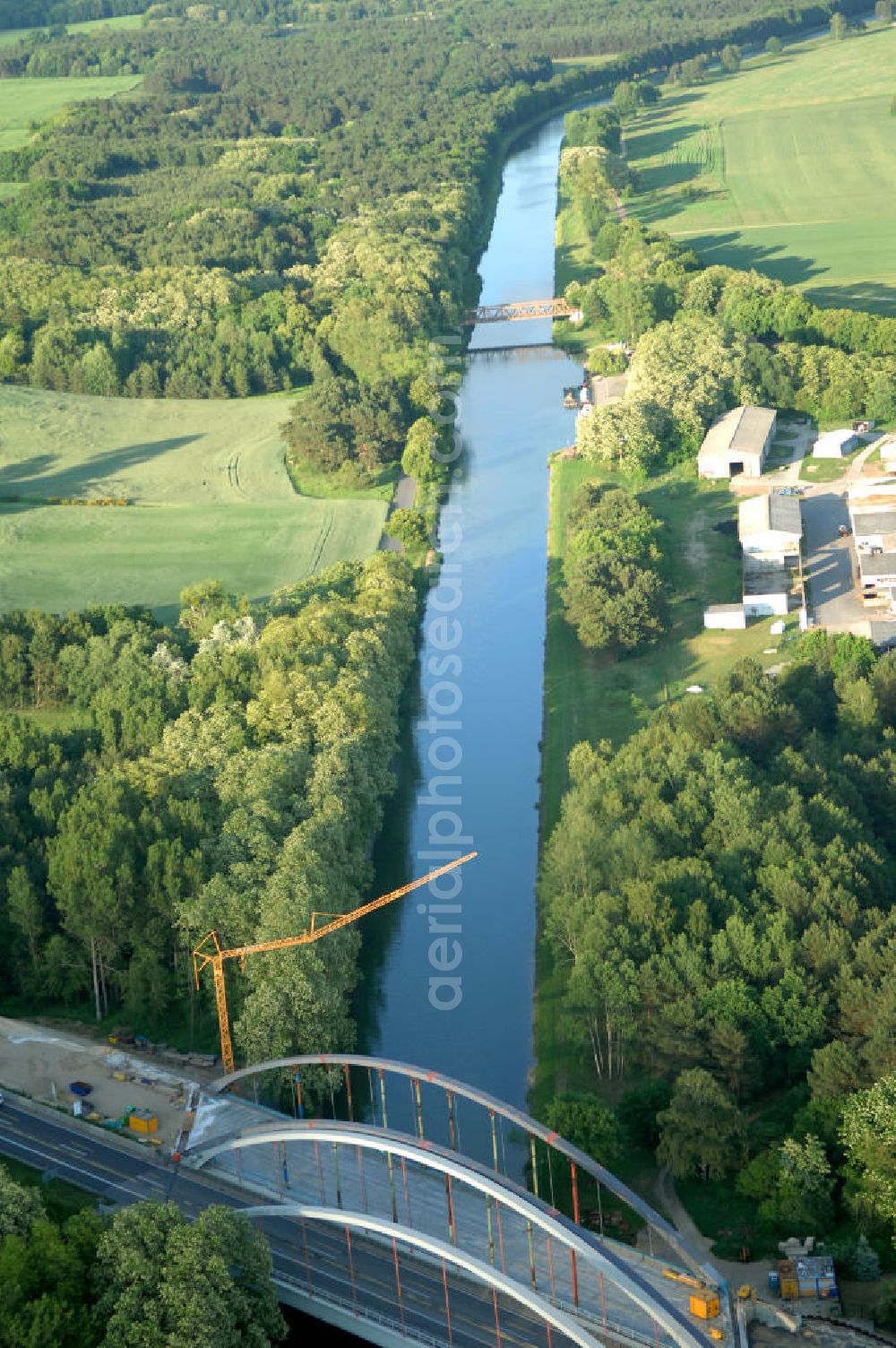 Aerial image Finowfurt - Blick auf die Baustelle der Autobahnbrücke / Üderseebrücke der Autobahn A 11 über den Oder-Havel-Kanal. View onto the road works of the highway / motorway bridge over the Oder-Havel-Canal.