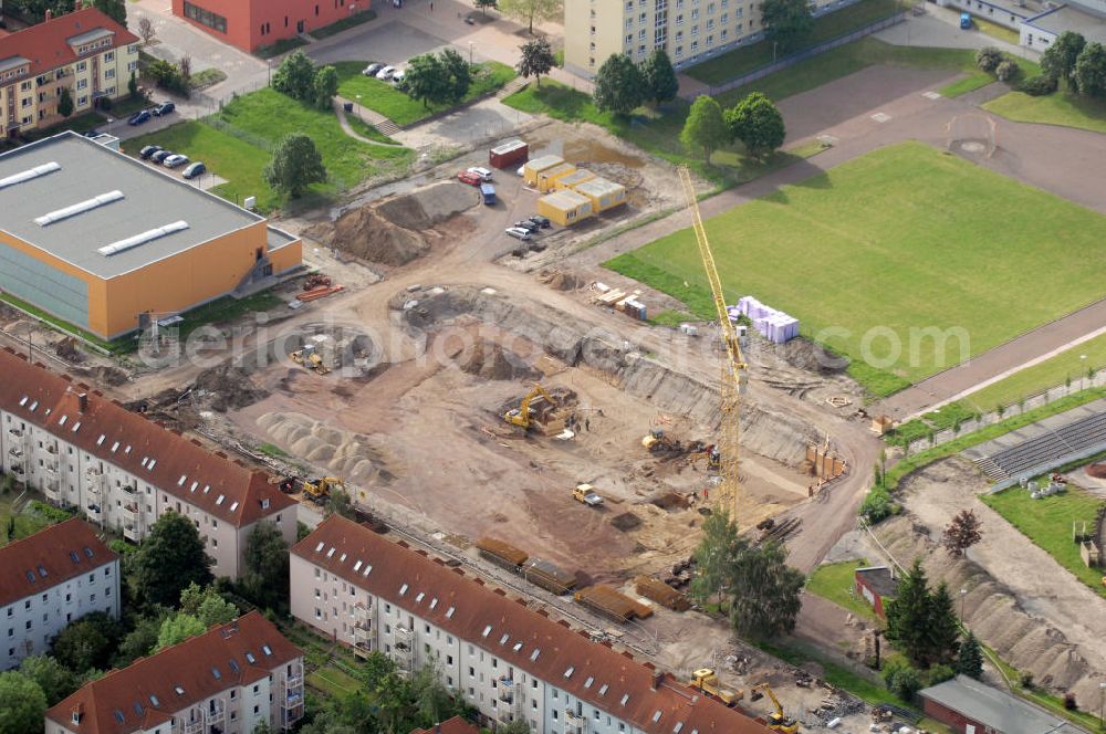 Halle Saale from above - Construction site of the new build indoor swimming bath in Halle at the Saale river in Saxony-Anhalt