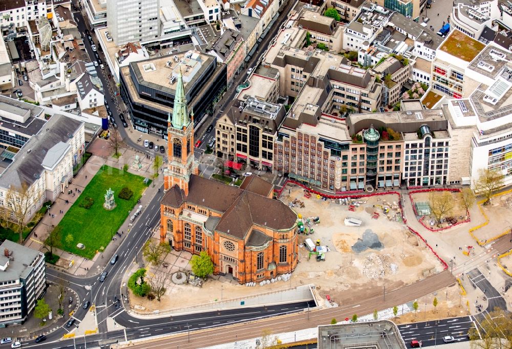 Düsseldorf from the bird's eye view: Construction site around Johanneskirche church on Martin-Luther-Square in Duesseldorf in the state of North Rhine-Westphalia