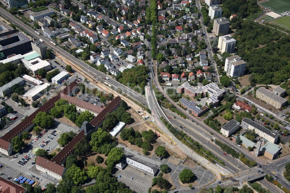 Mainz from above - Construction on the road in the area of the Saarstrasse near the Johannes- Gutenberg- University in Mainz in Rhineland-Palatinate. Here arises the route for a new tram line, the so-called Mainzelbahn