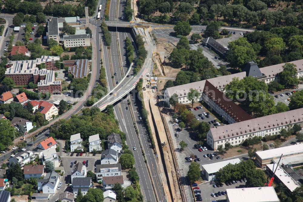 Mainz from above - Construction on the road in the area of the Saarstrasse near the Johannes- Gutenberg- University in Mainz in Rhineland-Palatinate. Here arises the route for a new tram line, the so-called Mainzelbahn