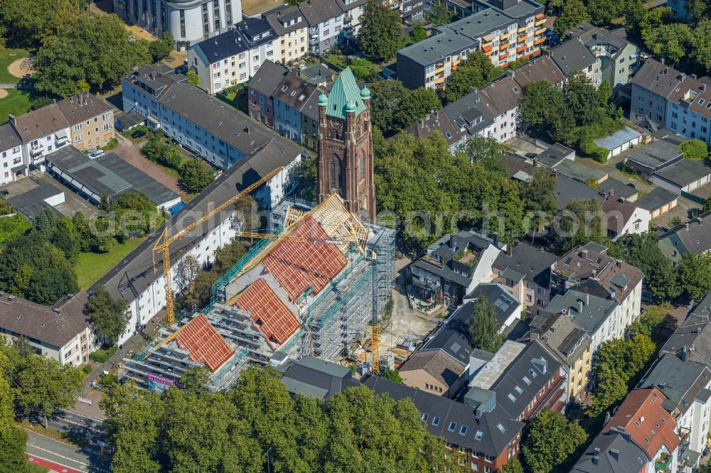 Bochum from above - Construction site for renovation and reconstruction work on the church building Antonius-Quartier on street Arnoldstrasse - Antoniusstrasse - Bessemerstasse in the district Innenstadt in Bochum at Ruhrgebiet in the state North Rhine-Westphalia, Germany