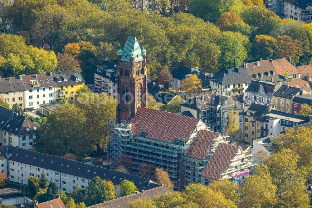 Aerial photograph Bochum - Construction site for renovation and reconstruction work on the church building Antonius-Quartier on street Arnoldstrasse - Antoniusstrasse - Bessemerstasse in the district Innenstadt in Bochum at Ruhrgebiet in the state North Rhine-Westphalia, Germany