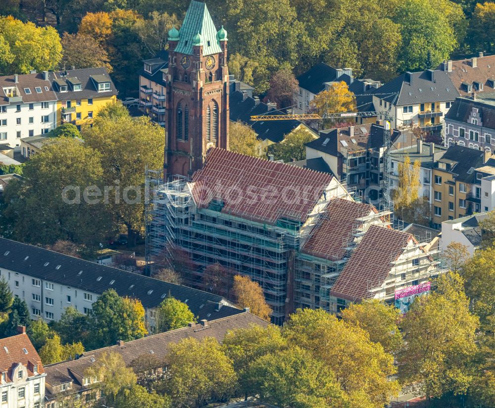 Bochum from above - Construction site for renovation and reconstruction work on the church building Antonius-Quartier on street Arnoldstrasse - Antoniusstrasse - Bessemerstasse in the district Innenstadt in Bochum at Ruhrgebiet in the state North Rhine-Westphalia, Germany