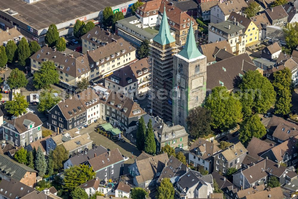 Schwelm from above - Construction site for renovation and reconstruction work on the church building Christuskirche on place Kirchplatz in Schwelm in the state North Rhine-Westphalia, Germany