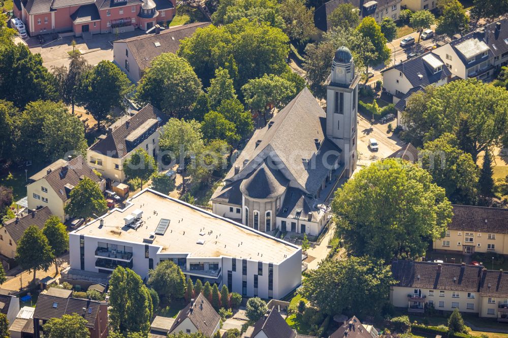 Aerial photograph Essen - Construction site for renovation and reconstruction work on the church building St. Marienkirche for new apartments on Buschstrasse in the district Steele in Essen at Ruhrgebiet in the state North Rhine-Westphalia, Germany