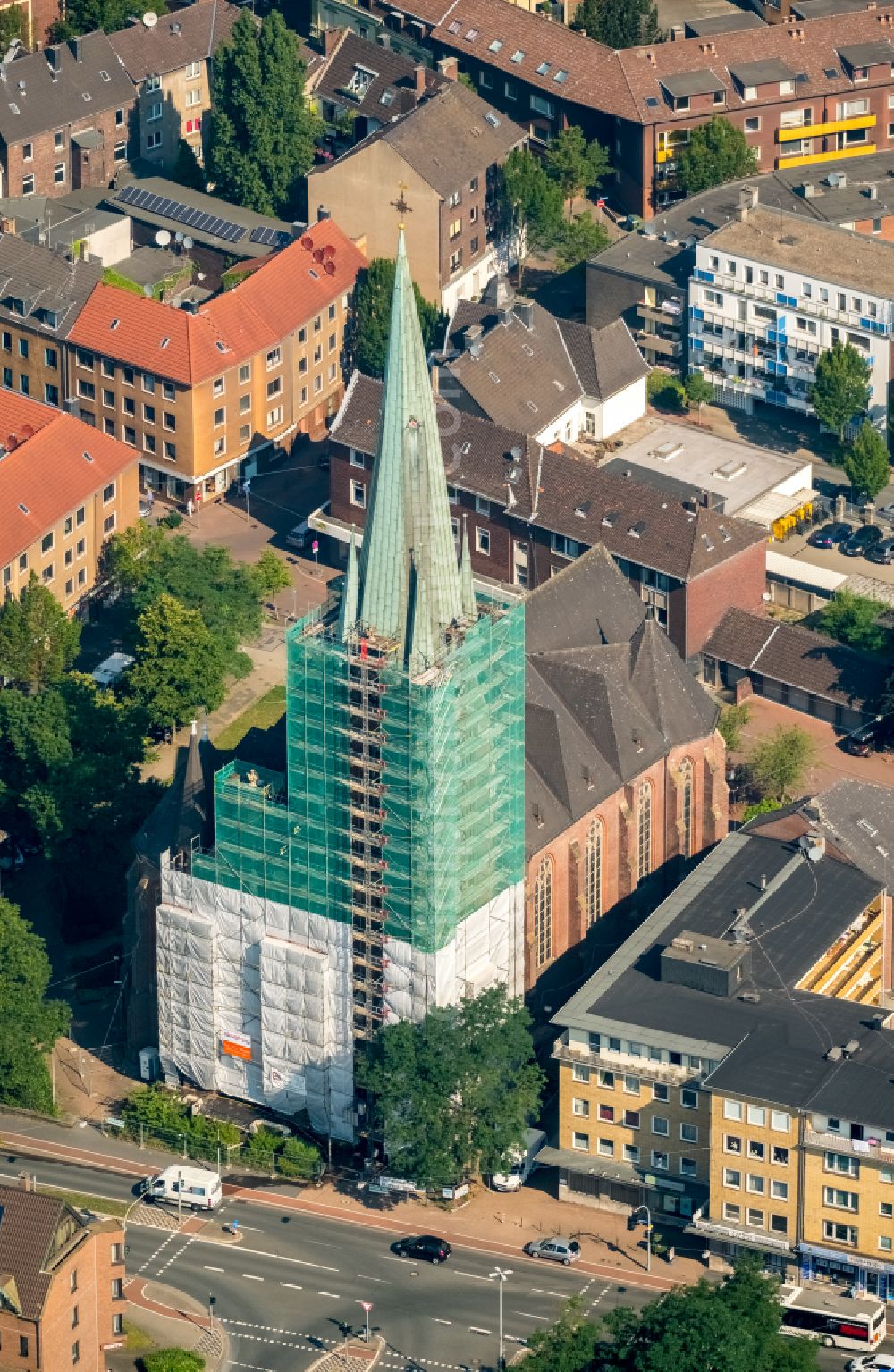 Aerial image Oberhausen - Construction site for renovation and reconstruction work on the church building St. Pankratius in Oberhausen at Ruhrgebiet in the state North Rhine-Westphalia, Germany