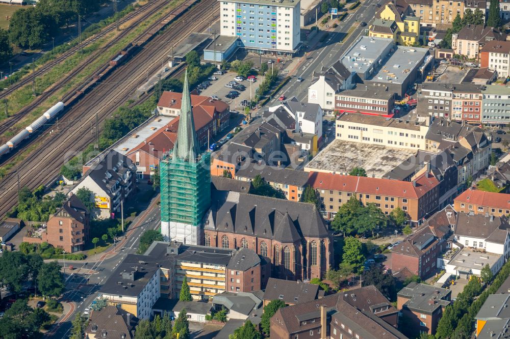 Aerial photograph Oberhausen - Construction site for renovation and reconstruction work on the church building St. Pankratius in Oberhausen at Ruhrgebiet in the state North Rhine-Westphalia, Germany