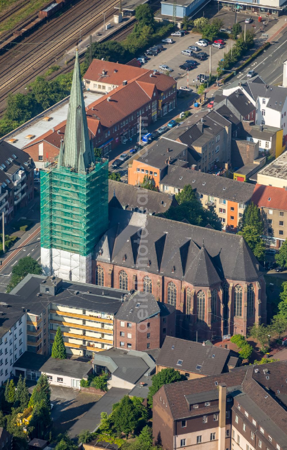 Oberhausen from above - Construction site for renovation and reconstruction work on the church building St. Pankratius in Oberhausen at Ruhrgebiet in the state North Rhine-Westphalia, Germany