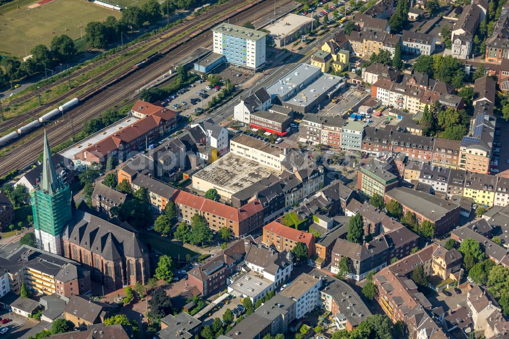 Oberhausen from the bird's eye view: Construction site for renovation and reconstruction work on the church building St. Pankratius in Oberhausen at Ruhrgebiet in the state North Rhine-Westphalia, Germany