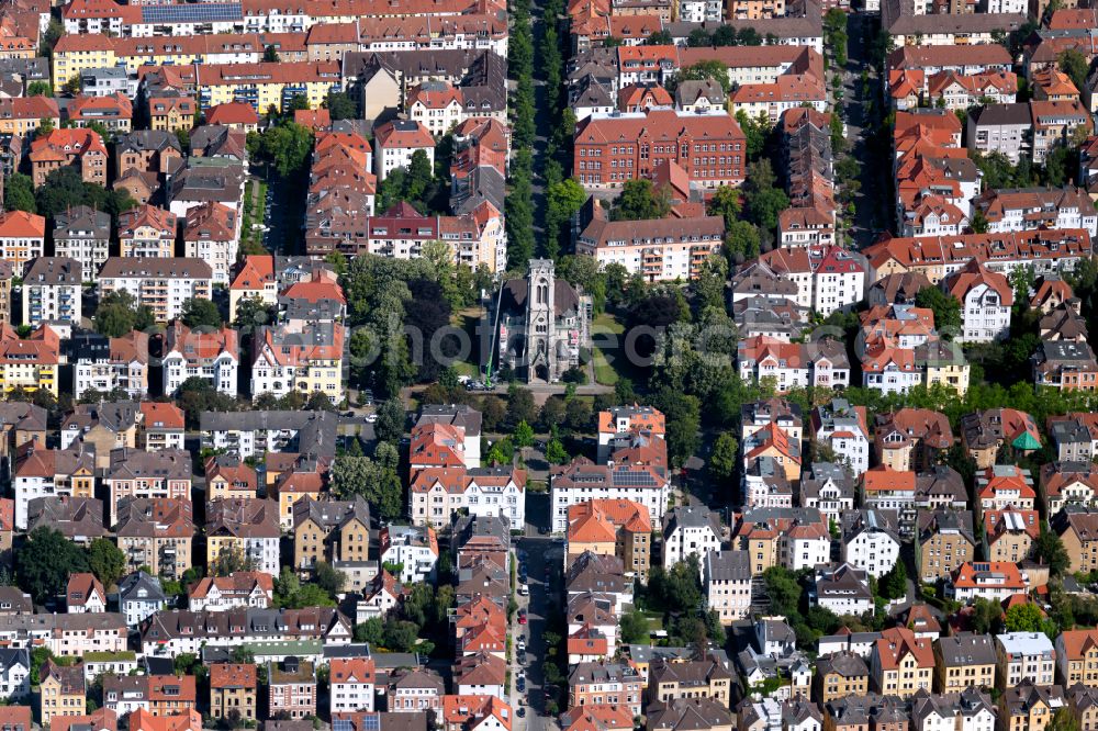 Braunschweig from above - Construction site for renovation and reconstruction work on the church building St. Pauli Kirche in Brunswick in the state Lower Saxony, Germany